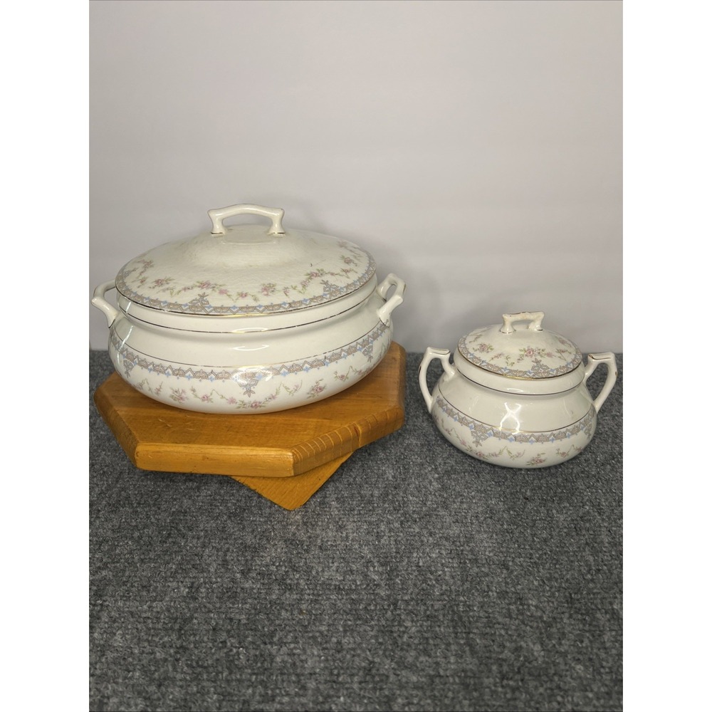 Vintage Edwin M.Knowles Covered Serving‎ Bowl & Sugar Bowl Set Floral 1914